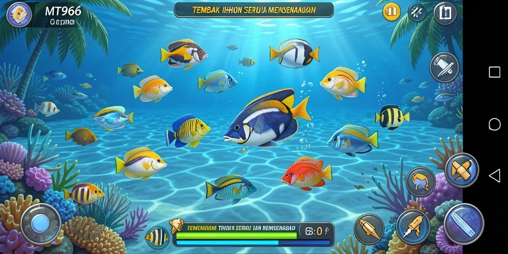 Screenshot utama MT966 menampilkan ikan warna-warni yang sedang berenang di layar.